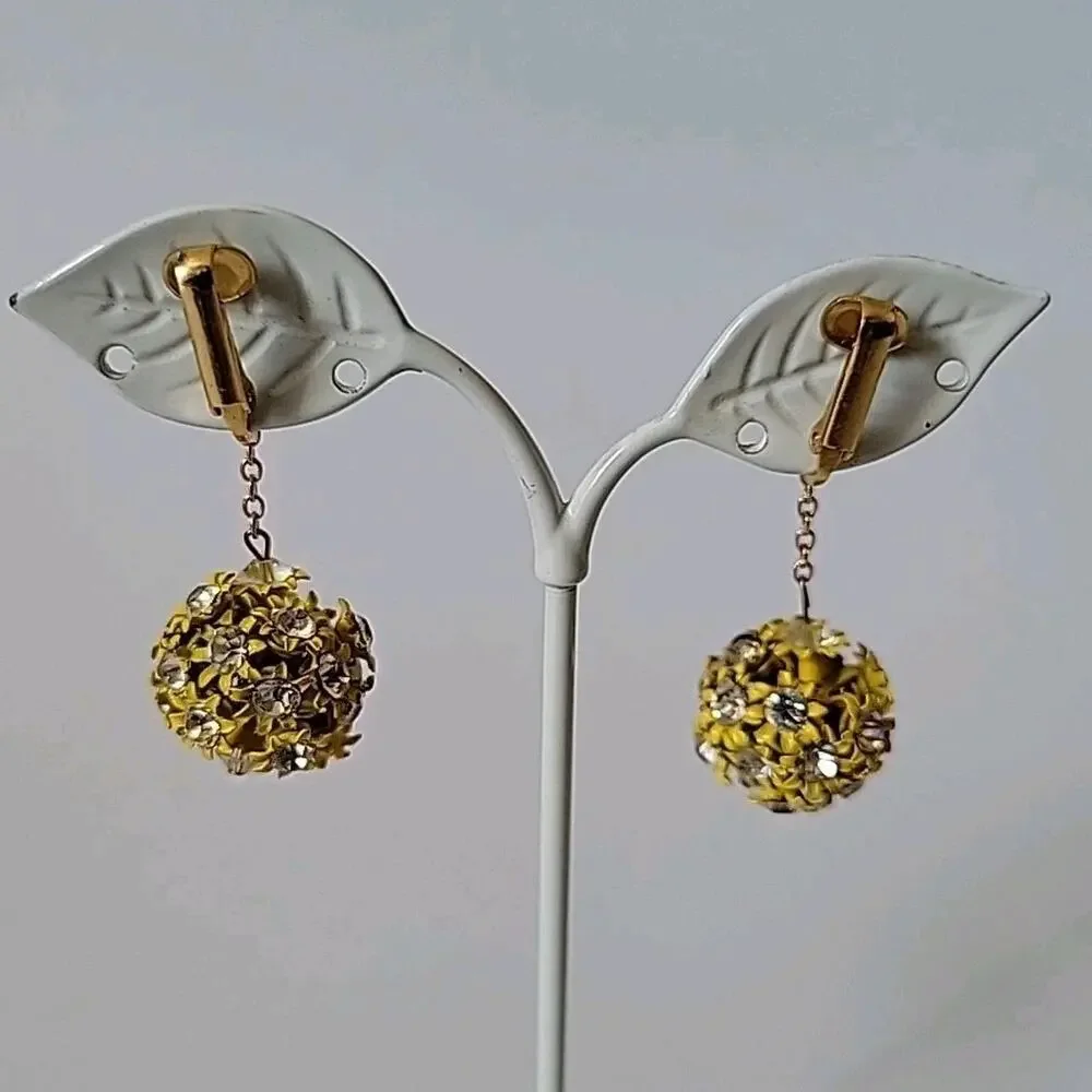 Vintage 60s Yellow Enameled Filigree Globe Drop Clip‎ On Earrings Billie Eilish
